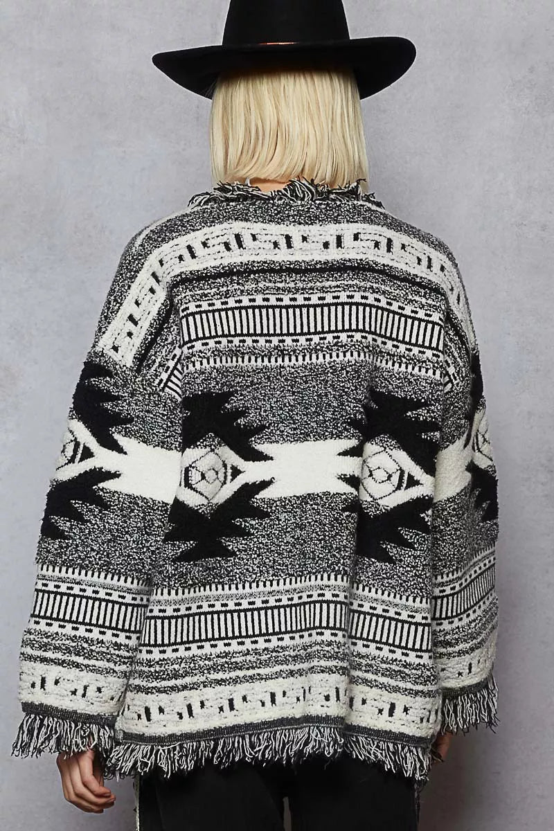 Open Front Geometric Print Cardigan with Fringe Detail