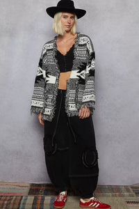 Open Front Geometric Print Cardigan with Fringe Detail