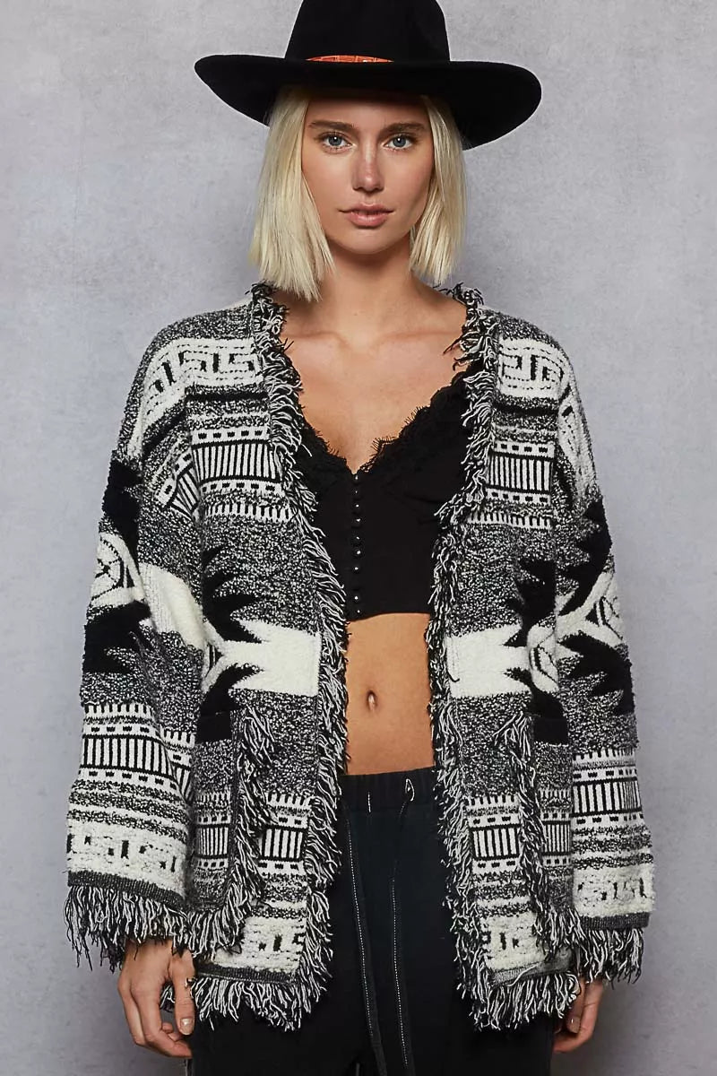 Open Front Geometric Print Cardigan with Fringe Detail
