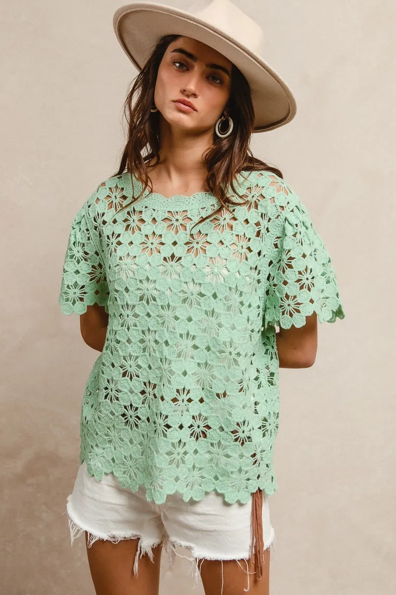 Shop Openwork Crochet Short Sleeve Knit Top-Add a touch of bohemian flair to your wardrobe with this openwork crochet short sleeve knit top. The intricate crochet detailing creates a chic and airy look.-available at Reef Love online boho-chic boutique