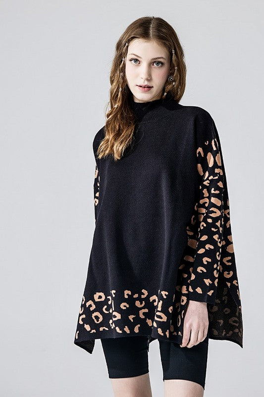 Oversized Mock Neck Leopard Print Sweater Tunic-Oversized leopard print sweater tunic with mock neck and relaxed fit. Cozy boho-chic knit perfect for fall and winter layering or casual vacation outfits.