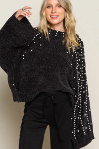 Oversized Pearl Embellished Sweater-Oversized black pearl embellished sweater with mock neckline. A cozy yet glamorous knit pullover perfect for casual chic or dressy occasions.-Reef Love