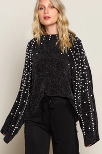 Oversized Pearl Embellished Sweater-Oversized black pearl embellished sweater with mock neckline. A cozy yet glamorous knit pullover perfect for casual chic or dressy occasions.-Reef Love