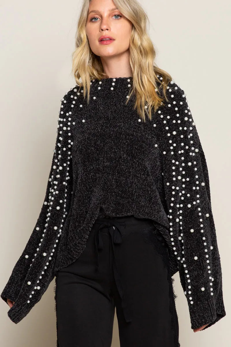 Oversized Pearl Embellished Sweater-Oversized black pearl embellished sweater with mock neckline. A cozy yet glamorous knit pullover perfect for casual chic or dressy occasions.-Reef Love