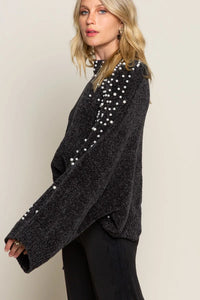 Oversized Pearl Embellished Sweater-Oversized black pearl embellished sweater with mock neckline. A cozy yet glamorous knit pullover perfect for casual chic or dressy occasions.-Reef Love