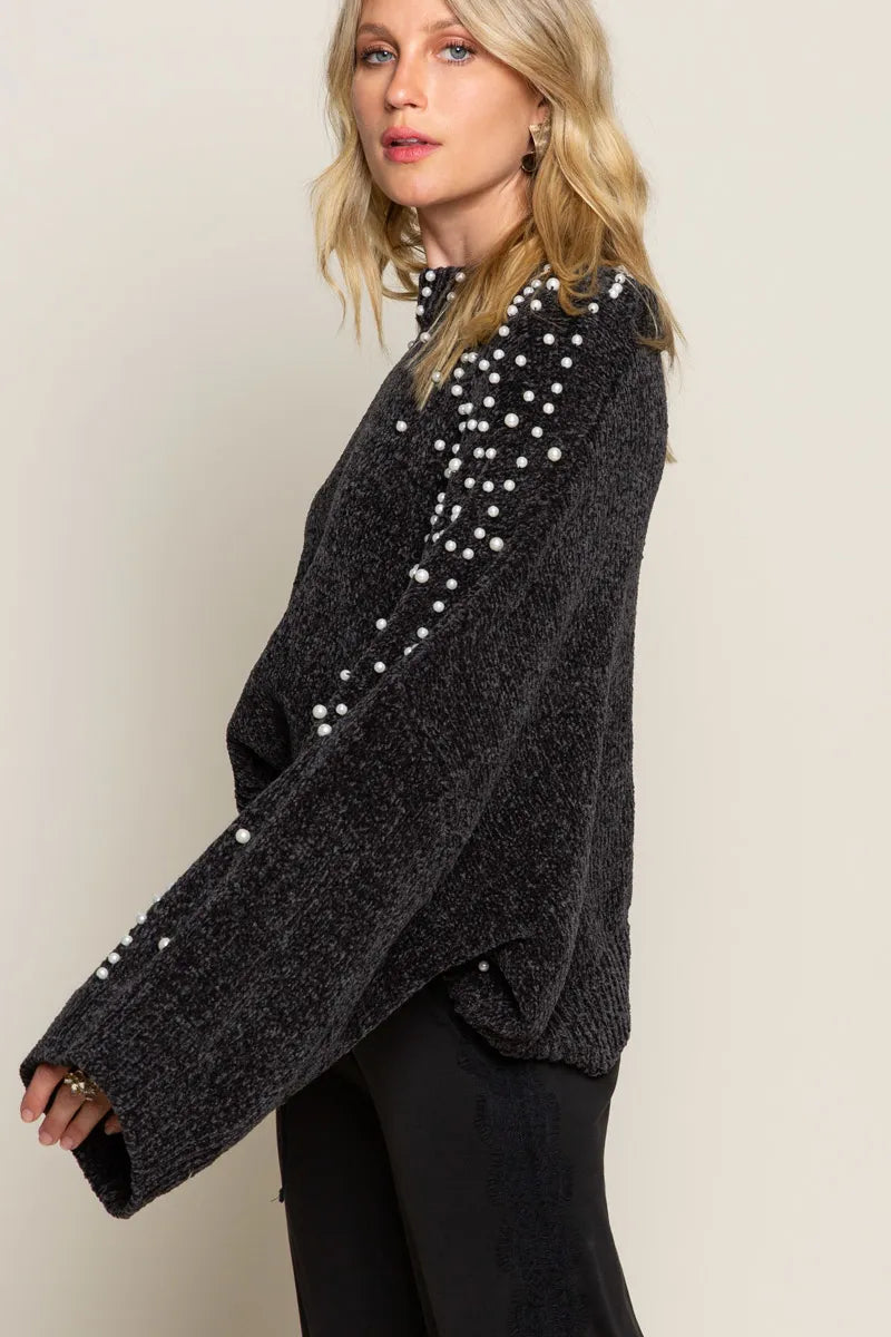 Oversized Pearl Embellished Sweater-Oversized black pearl embellished sweater with mock neckline. A cozy yet glamorous knit pullover perfect for casual chic or dressy occasions.-Reef Love