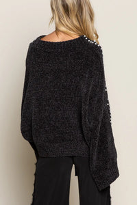 Oversized Pearl Embellished Sweater-Oversized black pearl embellished sweater with mock neckline. A cozy yet glamorous knit pullover perfect for casual chic or dressy occasions.-Reef Love