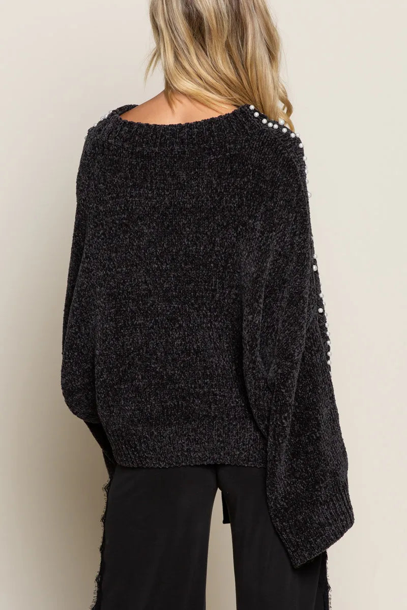 Oversized Pearl Embellished Sweater-Oversized black pearl embellished sweater with mock neckline. A cozy yet glamorous knit pullover perfect for casual chic or dressy occasions.-Reef Love