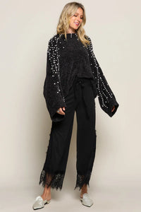 Oversized Pearl Embellished Sweater-Oversized black pearl embellished sweater with mock neckline. A cozy yet glamorous knit pullover perfect for casual chic or dressy occasions.-Reef Love