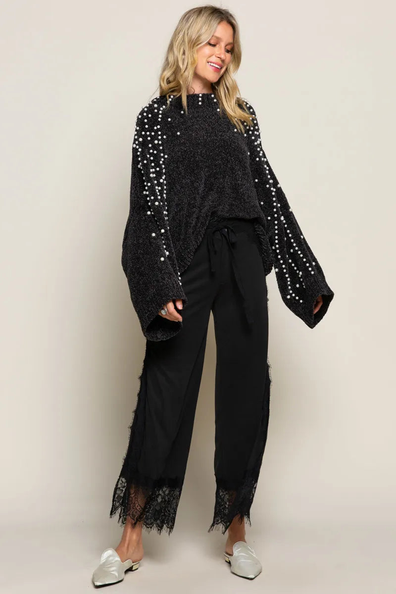 Oversized Pearl Embellished Sweater-Oversized black pearl embellished sweater with mock neckline. A cozy yet glamorous knit pullover perfect for casual chic or dressy occasions.-Reef Love