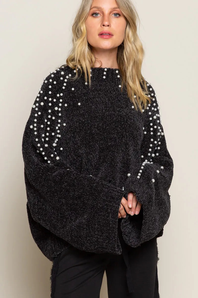 Oversized Pearl Embellished Sweater-Oversized black pearl embellished sweater with mock neckline. A cozy yet glamorous knit pullover perfect for casual chic or dressy occasions.-Reef Love