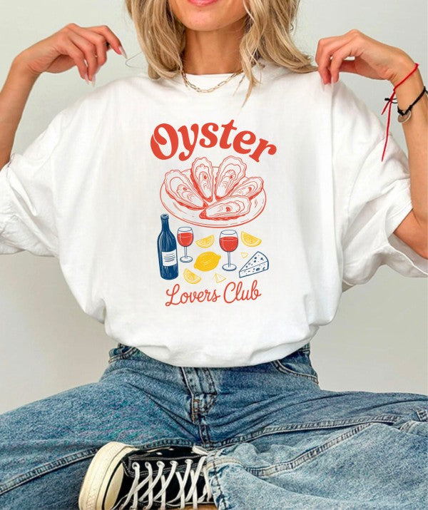 Oyster Lovers Club Boutique Top Graphic Tee-Join the Oyster Lovers Club with this retro-inspired tee! Super soft cotton, unisex fit, and coastal charm in every color. Perfect for seafood lovers.-Reef Love