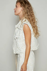 POL Asymmetrical Front Closure Raw Hem Floral Denim Vest