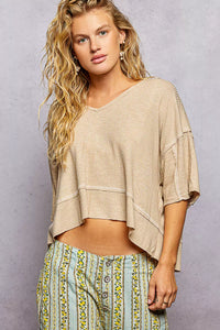 POL Short Sleeve Cropped Rib T-Shirt with Contrast Stitch Detail