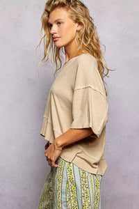 POL Short Sleeve Cropped Rib T-Shirt with Contrast Stitch Detail