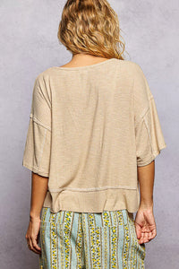 POL Short Sleeve Cropped Rib T-Shirt with Contrast Stitch Detail