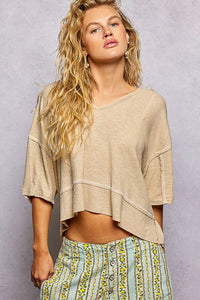 POL Short Sleeve Cropped Rib T-Shirt with Contrast Stitch Detail