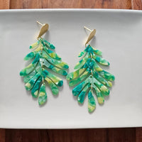 Shop Palm Leaf Earrings - Green-Green palm leaf statement earrings with gold accents. Lightweight, tropical, and bold—perfect for vacations, events, or adding resort style to everyday looks.-available at Reef Love online boho-chic boutique