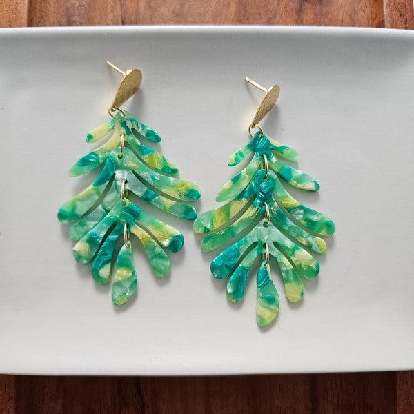 Shop Palm Leaf Earrings - Green-Green palm leaf statement earrings with gold accents. Lightweight, tropical, and bold—perfect for vacations, events, or adding resort style to everyday looks.-available at Reef Love online boho-chic boutique