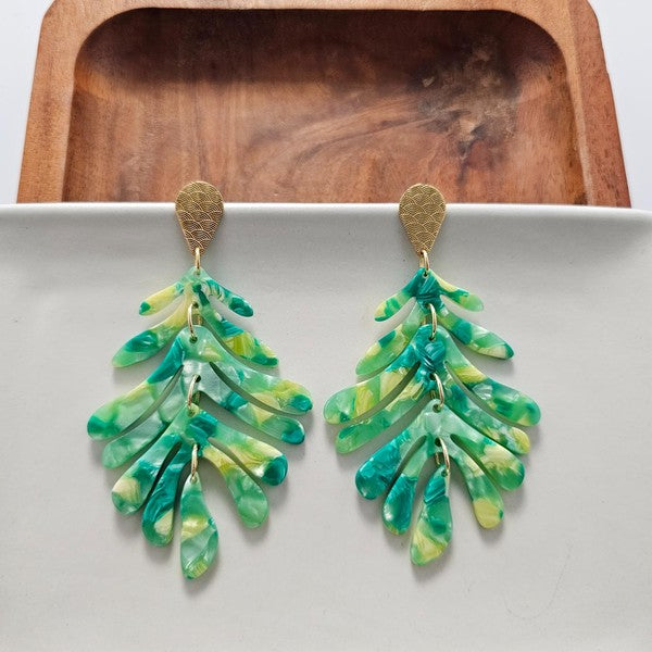 Shop Palm Leaf Earrings - Green-Green palm leaf statement earrings with gold accents. Lightweight, tropical, and bold—perfect for vacations, events, or adding resort style to everyday looks.-available at Reef Love online boho-chic boutique
