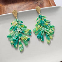 Shop Palm Leaf Earrings - Green-Green palm leaf statement earrings with gold accents. Lightweight, tropical, and bold—perfect for vacations, events, or adding resort style to everyday looks.-available at Reef Love online boho-chic boutique