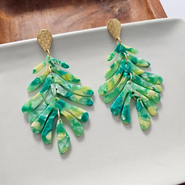 Shop Palm Leaf Earrings - Green-Green palm leaf statement earrings with gold accents. Lightweight, tropical, and bold—perfect for vacations, events, or adding resort style to everyday looks.-available at Reef Love online boho-chic boutique