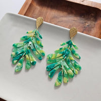 Shop Palm Leaf Earrings - Green-Green palm leaf statement earrings with gold accents. Lightweight, tropical, and bold—perfect for vacations, events, or adding resort style to everyday looks.-available at Reef Love online boho-chic boutique