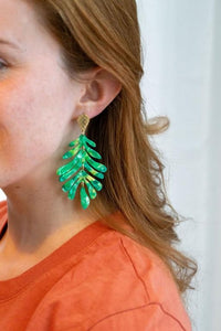 Shop Palm Leaf Earrings - Green-Green palm leaf statement earrings with gold accents. Lightweight, tropical, and bold—perfect for vacations, events, or adding resort style to everyday looks.-available at Reef Love online boho-chic boutique
