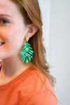 Shop Palm Leaf Earrings - Green-Green palm leaf statement earrings with gold accents. Lightweight, tropical, and bold—perfect for vacations, events, or adding resort style to everyday looks.-available at Reef Love online boho-chic boutique