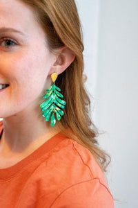 Shop Palm Leaf Earrings - Green-Green palm leaf statement earrings with gold accents. Lightweight, tropical, and bold—perfect for vacations, events, or adding resort style to everyday looks.-available at Reef Love online boho-chic boutique