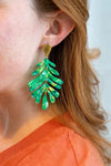 Shop Palm Leaf Earrings - Green-Green palm leaf statement earrings with gold accents. Lightweight, tropical, and bold—perfect for vacations, events, or adding resort style to everyday looks.-available at Reef Love online boho-chic boutique