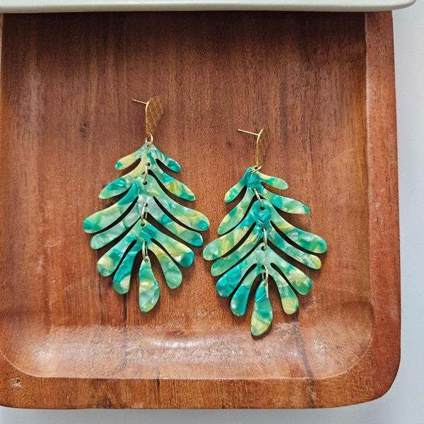 Shop Palm Leaf Earrings - Green-Green palm leaf statement earrings with gold accents. Lightweight, tropical, and bold—perfect for vacations, events, or adding resort style to everyday looks.-available at Reef Love online boho-chic boutique