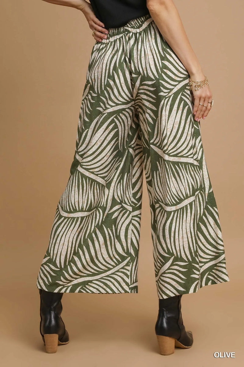 Palm Leaf Print Wide Leg Culotte Pants