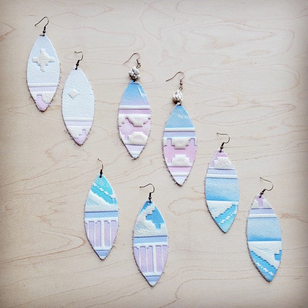 Shop Pastel Navajo Leather Oval Earrings with Turquoise Accent-Western-inspired Handmade pastel Navajo leather earrings with turquoise bead accent. Lightweight, hypoallergenic, and boho-chic—each pair is one of a kind.-available at Reef Love online boho-chic boutique