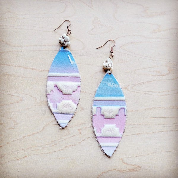 Shop Pastel Navajo Leather Oval Earrings with Turquoise Accent-Western-inspired Handmade pastel Navajo leather earrings with turquoise bead accent. Lightweight, hypoallergenic, and boho-chic—each pair is one of a kind.-available at Reef Love online boho-chic boutique