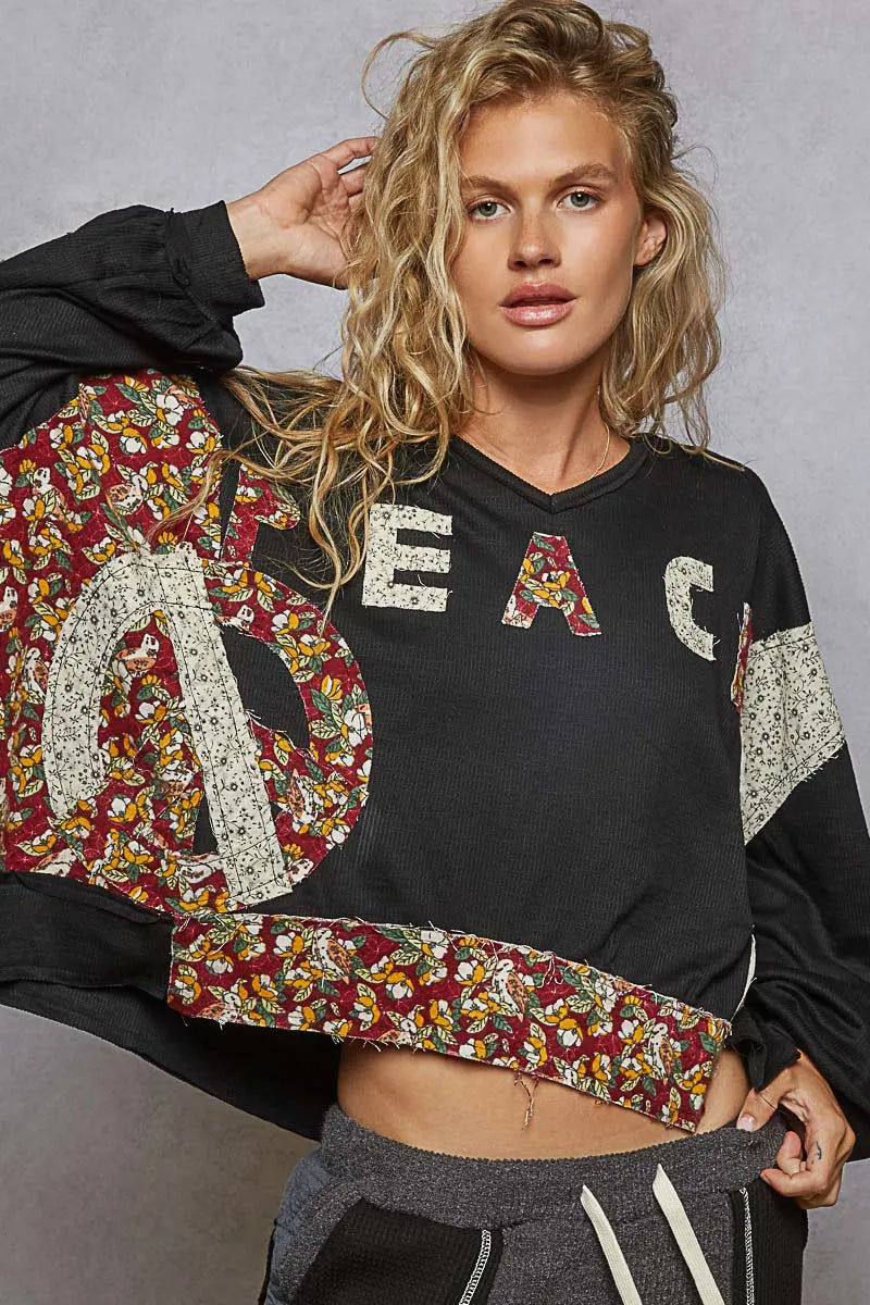 Peace Patch Floral Long Sleeve Hoodie-Hoodie-Reef Love