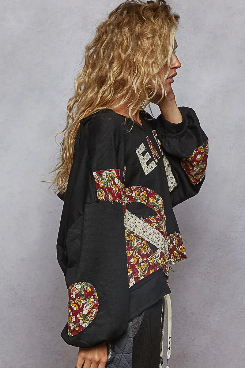 Peace Patch Floral Long Sleeve Hoodie-Hoodie-Reef Love