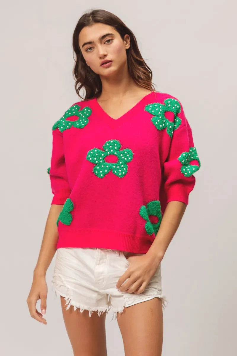 Pearl Beads Flowers Sweater Top-Reef Love