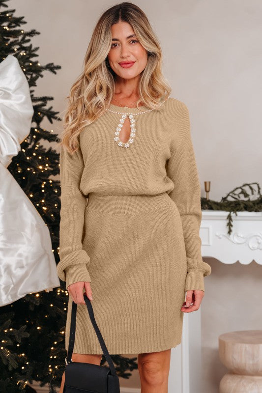 Pearl Embellished Keyhole Ribbed Sweater Dress- Boho Chic Styles by Reef Love