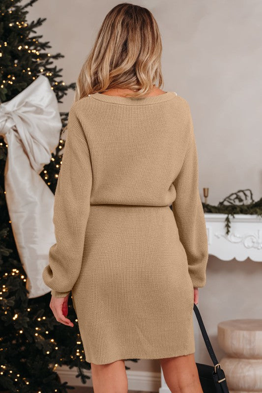 Pearl Embellished Keyhole Ribbed Sweater Dress- Boho Chic Styles by Reef Love