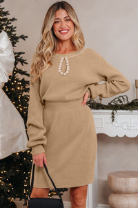 Pearl Embellished Keyhole Ribbed Sweater Dress- Boho Chic Styles by Reef Love