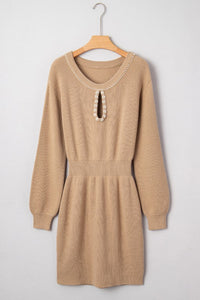 Pearl Embellished Keyhole Ribbed Sweater Dress- Boho Chic Styles by Reef Love