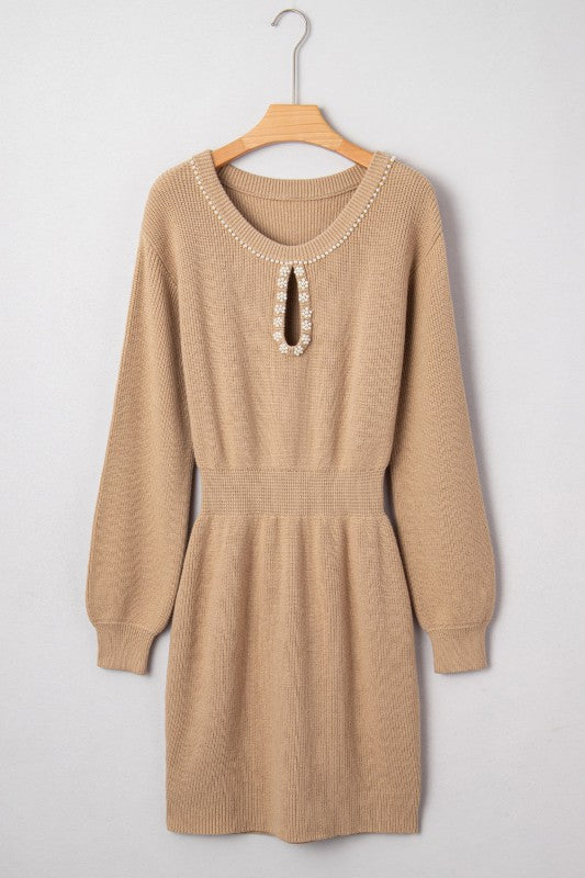 Pearl Embellished Keyhole Ribbed Sweater Dress- Boho Chic Styles by Reef Love