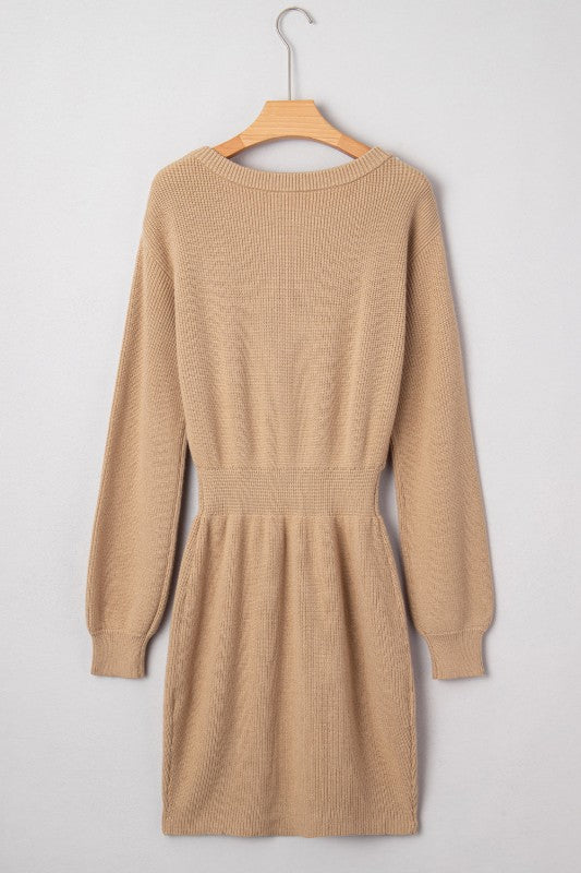 Pearl Embellished Keyhole Ribbed Sweater Dress- Boho Chic Styles by Reef Love