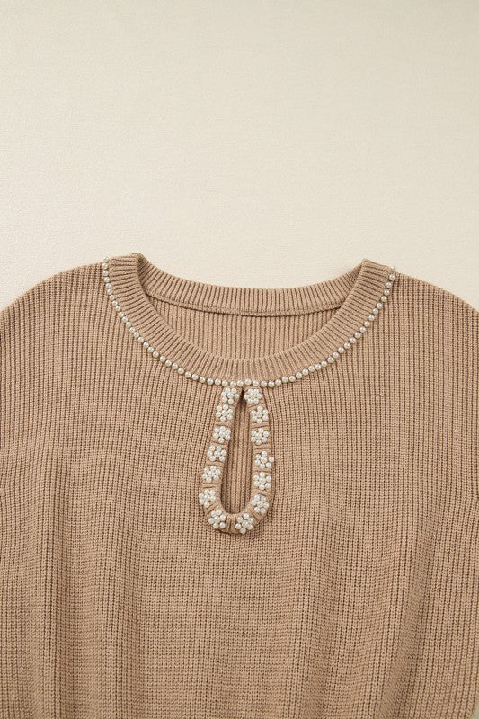 Pearl Embellished Keyhole Ribbed Sweater Dress- Boho Chic Styles by Reef Love