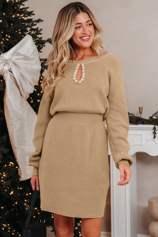 Pearl Embellished Keyhole Ribbed Sweater Dress- Boho Chic Styles by Reef Love