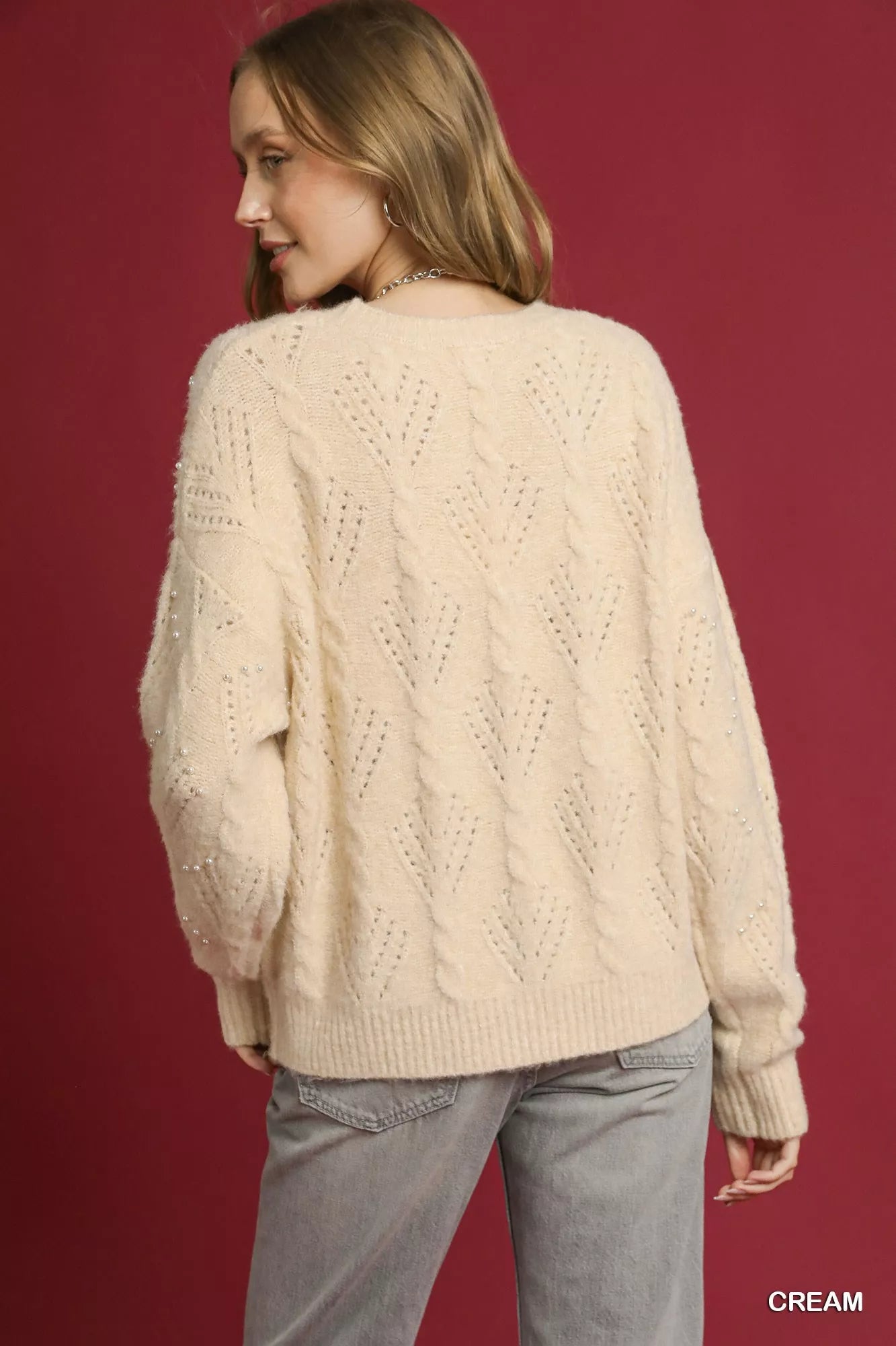Pearl-Embellished Sweater-Pearl-embellished sweater with long sleeves. Elegant knitwear with delicate pearl details—perfect for chic workwear, special occasions, or casual luxe style.-Reef Love