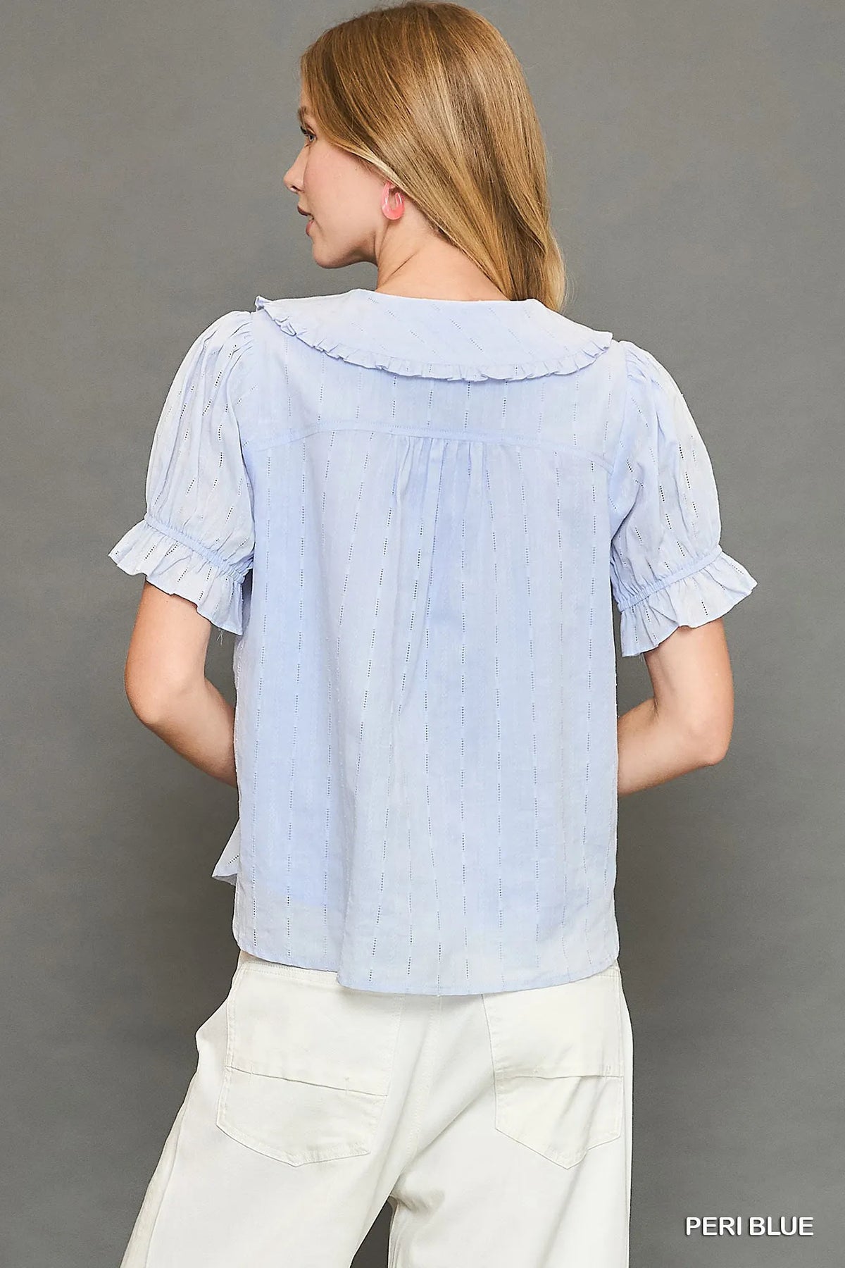 Peter Pan Collared Button Down Textured Blouse-Peter Pan collared button down textured blouse with ruffle detail. A feminine 100% cotton top that blends vintage charm with chic, versatile style.-Reef Love