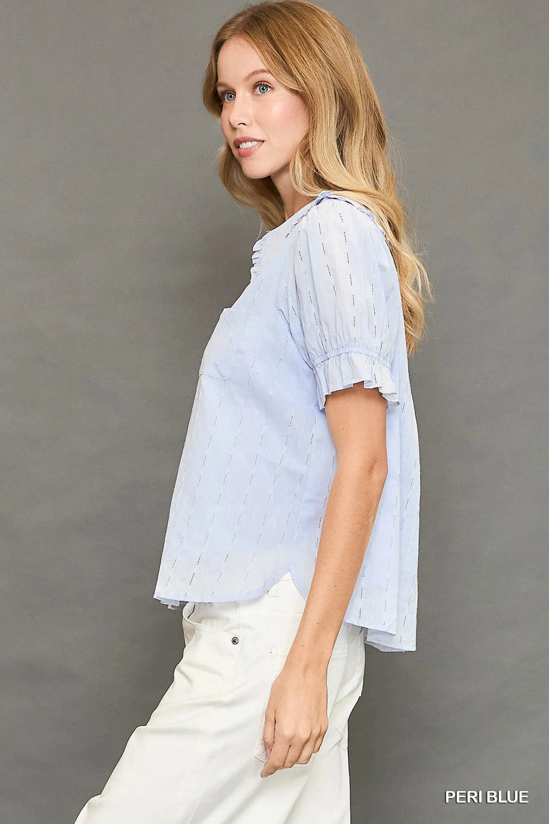 Peter Pan Collared Button Down Textured Blouse-Peter Pan collared button down textured blouse with ruffle detail. A feminine 100% cotton top that blends vintage charm with chic, versatile style.-Reef Love