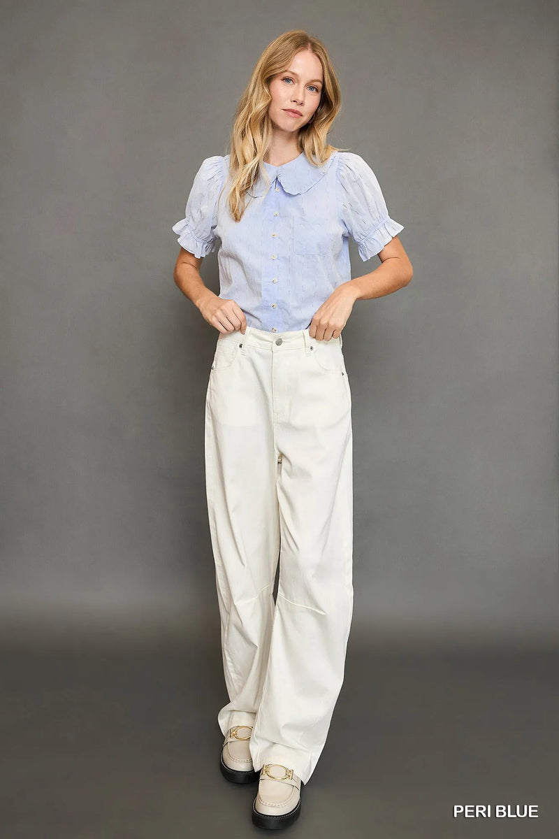 Peter Pan Collared Button Down Textured Blouse-Peter Pan collared button down textured blouse with ruffle detail. A feminine 100% cotton top that blends vintage charm with chic, versatile style.-Reef Love